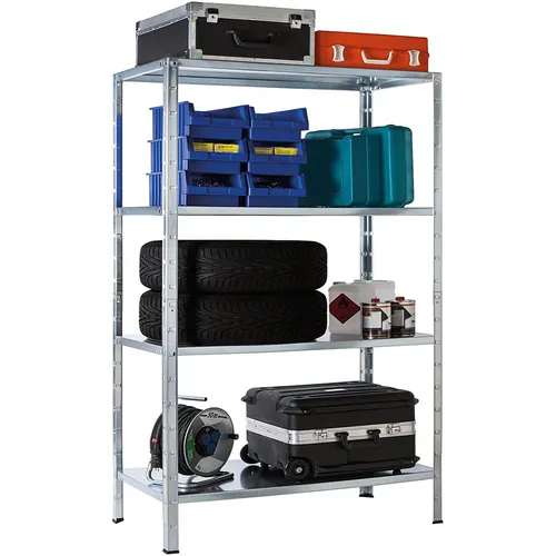 SCHULTE Regalwelt Steckregal mit 4 PowerMAX Fachböden - Lagerregal mit 70 kg Tragkraft pro Fachboden, ideal für Werkstatt, Garage oder Keller. Einfacher, werkzeugloser Aufbau und vielseitig einsetzbar durch höhenverstellbare Fächer.