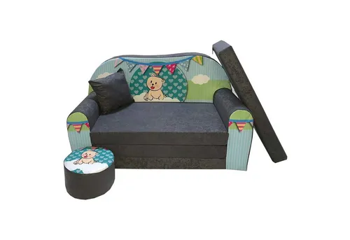 FORTISLINE Kindersitzgruppe mit Bettfunktion - Bequemes 2-Sitzer Kindersofa mit Aufklapp-Bettfunktion, ideal für Spiel und Schlaf. Inkl. Kissen und Hocker, leicht zu reinigen dank abnehmbarem Mikrofaserbezug.
