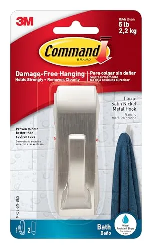 Command Bad-Haken, modern, reflektierend, Satin-Nickel, 1 Haken und 2 große Klebestreifen, zum Aufhängen von Handtüchern, Bademänteln und anderen Badezimmer-Accessoires, beschädigungsfreies Aufhängen