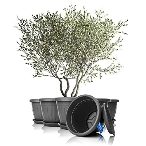 BigDean 6X Blumentopf mit Untersetzer anthrazit - Wetterfester Pflanzkübel für Innen & Außen - Vielseitig einsetzbare Blumentöpfe mit mediterranem Design und Drainage-Möglichkeit. Robust und langlebig aus schlagfestem Kunststoff, ideal für Garten, Terrasse oder Balkon.