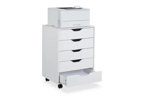 relaxdays Rollcontainer mit Schublade, Weiß - Praktischer Büroschrank - Rollcontainer für einen sortierten Arbeitsplatz mit 5 Schubladen und mobiler Ablage für Drucker oder Kaffeemaschine. Ideal für Büro oder Arbeitszimmer, mit 360° drehbaren Rollen für einfache Mobilität.