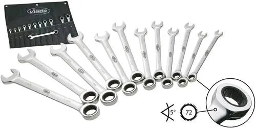 Vigor V1031 Knarren-Ring-Maulschlüssel-Satz 12-teilig - Werkzeug-Sets mit 12 metrischen Schlüsselweiten von 8 bis 19mm, ideal für präzises Arbeiten und vielseitige Anwendungen.