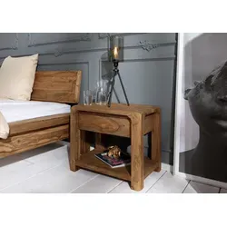 Moderner Nachttisch aus Echtholz - Sheesham massiv 60x40x50 - Nachttisch aus massivem Sheeshamholz mit markantem Holzbild, ideal für ein stilvolles Schlafzimmer. Abgerundete Ecken, grifflose Front und keine Montage erforderlich.