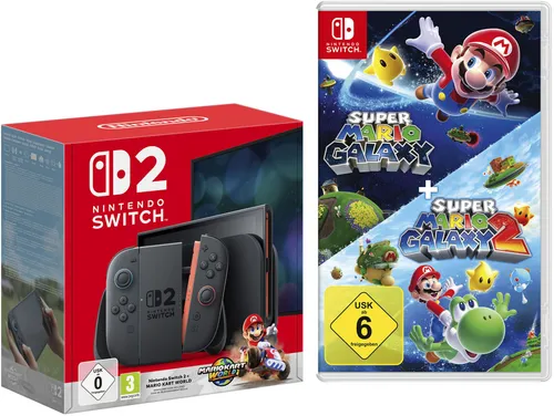 NINTENDO SWITCH 2 Konsolen-Set mit Mario Kart World und Super Mario Galaxy - Erlebe die neue Gaming-Ära mit der Nintendo Switch 2! Im Bundle mit Mario Kart World und Super Mario Galaxy für unvergesslichen Spielspaß. Genieß hochauflösende Grafik und innovative Multiplayer-Funktionen.