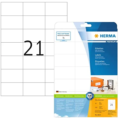 HERMA 8634 Adressetiketten, 320 Blatt, 70 x 42,3 mm, 6720 Stück, selbstklebend - Selbstklebende Adressetiketten in höchster Qualität, perfekt für alle Drucker. Mit geprüfter Qualität für staufreies Drucken und beste Haftung. Ideal zum Beschriften und Organisieren.