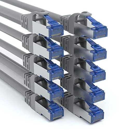JAMEGA - 10 Stück - 0,25m CAT 7 Netzwerkkabel Gigabit Ethernet LAN Kabel in grau | 10000 Mbit s | Patchkabel Cat.7 Rohkabel SFTP PIMF Schirmung RJ45 Stecker | Switch Router Modem Access Point