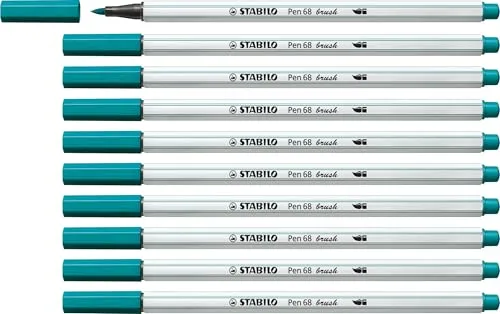 STABILO - Premium-Filzstift mit Pinselspitze für variable Strichstärken - Pen 68 brush - 10er Pack - türkisblau