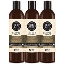 Shampoo Repair mit Kokosöl und Panthenol – 3x 300ml - Das Hello Nature Shampoo mit Bio-Kokosöl reinigt sanft und spendet intensive Feuchtigkeit für trockenes Haar. Mit 97,2% natürlichen Inhaltsstoffen für geschmeidigen Glanz und Pflege. Ideal für strapaziertes Haar!