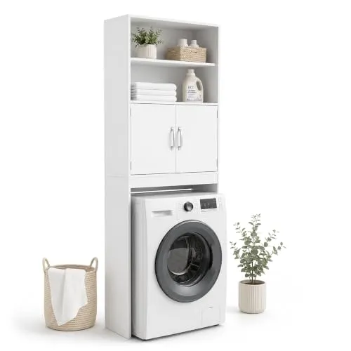 Relaxdays Waschmaschinenschrank, 4 Fächer, Regal über Waschmaschine, Trockner, Toilette, HxBxT: 185 x 63 x 20 cm, weiß