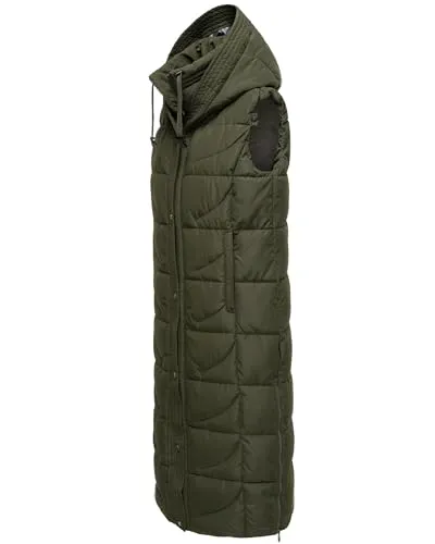 Navahoo Damen Winterjacke Steppweste extralang mit Kapuze Brezelchen Dark Olive Gr. M - Funktionsjacken: Extralange, ärmellose Weste mit modischer Steppung, ideal für kalte Tage und kühle Frühjahrsabende. Hoher Stehkragen und seitliche Gehschlitze sorgen für Komfort und Bewegungsfreiheit.