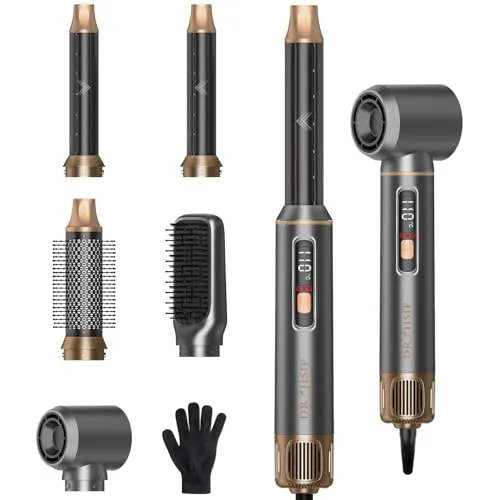 Dryhsip Multistyle 5-in-1 Warmluftbürste,Haartrockner mit abnehmbaren Köpfen & ablesbarem Display (Stylingbürste, Volumenbürste, Glätter, Lockenstab),leichter Reise-Styler für Frauen & Männer (Grey)
