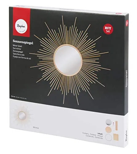 Rayher 62917000 Bastelset Sonnenspiegel mit Holzstrahlen, groß, Gesamtdurchmesser 63 cm, Spiegel 20 cm Ø, Wandspiegel, Dekospiegel, Natur