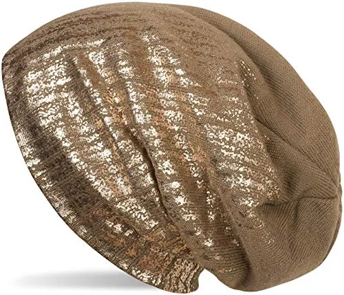 styleBREAKER warme Feinstrick Beanie Mütze mit Metallic Print und Fleece Innenfutter, Slouch Longbeanie, Unisex 04024132, Farbe:Braun/Rosegold