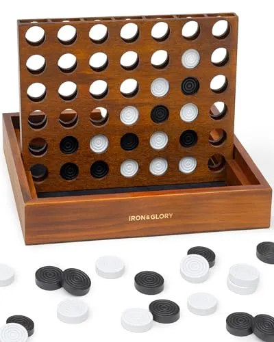 Iron & Glory Line Up - Hölzerne 4 in einer Reihe Spiel - Gesellschaftsspiel aus massivem Holz, ideal für Familienabende. Inklusive 42 Holzspielsteinen und praktischem Aufbewahrungsbeutel für ein stilvolles Spielerlebnis.