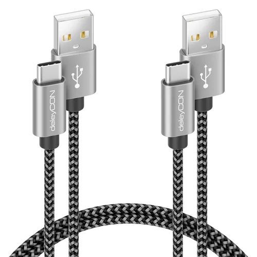 deleyCON USB-C Kabel SET (2 Stück je 1m) Nylon Ladekabel Datenkabel USB Typ C Metallstecker Laden & Synchronisieren von Handy & Smartphone