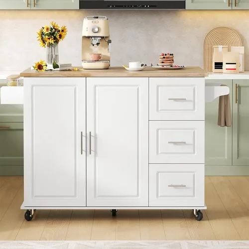 Küchentisch mit 3 Schubladen und Handtuchhalter Klappbar Küchenwagen Kücheninsel Küchenschrank für Küche L137*B43(76)*H92cm Weiß