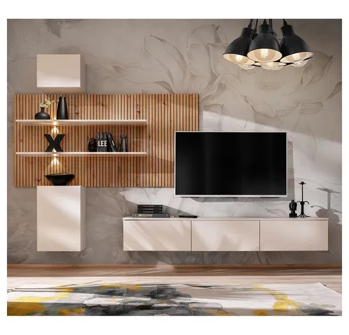 Lomadox Wohnwand GALATINA-164, (2-St., Wandpaneel, Hängeschränke, Lowboard), Anbauwand mit LED-Beleuchtung, weiß mit Eiche