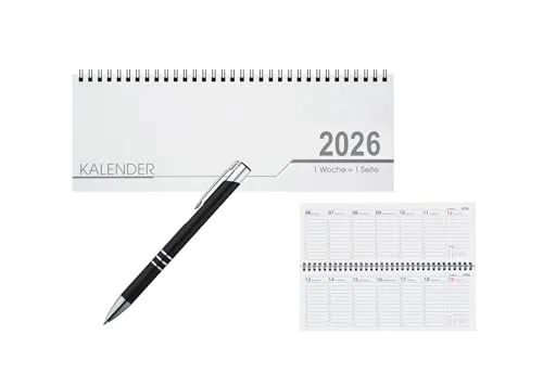 Schreibtisch Kalender 2026 mit Kugelschreiber - Praktischer Schreibtischquerkalender 2026 mit 32 Blatt pro Woche und inkludierten Schulferienterminen. Ideal für die Organisation im Büro oder Zuhause.