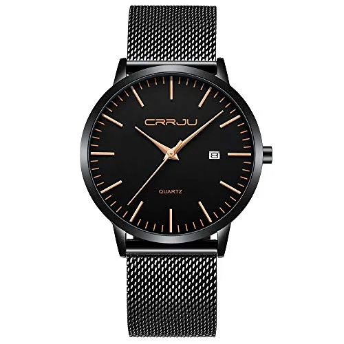 CRRJU Herren Uhr Ultra Dünne Wasserdicht Armbanduhr Herren Mode mit Schwarz Edelstahlband Mesh Analog Quarz Business Männer Uhren (Schwarz Rosegold)