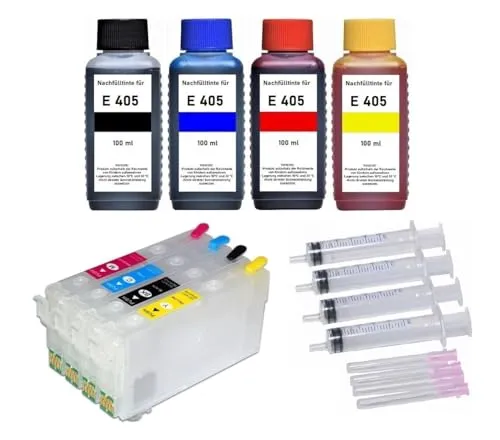 Nachfüllbare Tintenpatronen mit Auto Reset Chips 405 XL + 4 x 100 ml Tinte kompatibel mit Epson Workforce WF-7310, 7830, 7835, 7840, Pro WF-3820, 3825, 4820, 4825, 4830