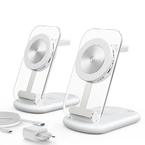 Mag-Safe Ladegerät Wireless Charger, 3 in 1 15W Drahtloses Ladegerät, Induktive Ladestation für iWatch iPhone 17e/17/16/15/14/13/12 Series,AirPods 3/2/Pro, Silber 2er Pack