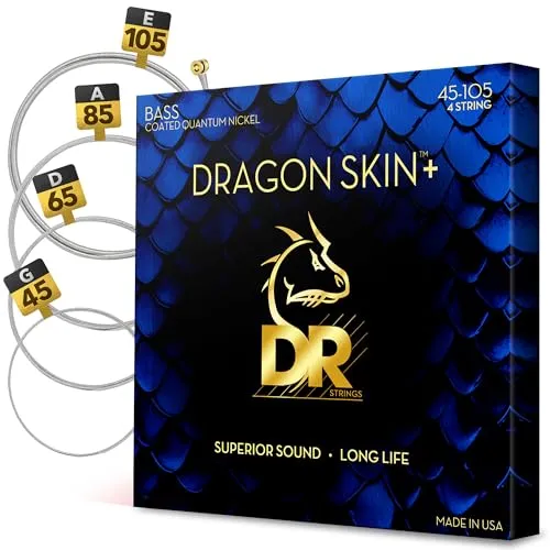 DR Strings DRAGON SKIN+ (DBQ-45/100) – Saiten für E-Bass, 4-Saiter Set, Quantum Nickel, Round Core, Medium Light 45-100 - Handgefertigt in den USA