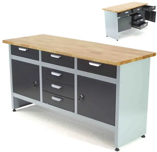 Apex Werkstattwagen 6 Schubladen - XL Profiwerkbank 160 cm - Robuste Werkbank mit 6 kugelgelagerten Schubladen und stabiler 30 mm Holzarbeitsplatte. Ideal für Werkstätten und Hobbyräume, bis 300 kg belastbar und höhenverstellbar.