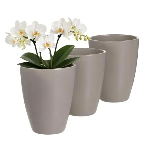 Annastore 3 x Orchideentopf aus Keramik Ø 13,5 cm x 17 cm hoch – mit Erhöhung für optimale Belüftung – Übertopf für Orchideen – 3 Farben – langlebig & stilvoll – Blumentopf für Innenbereich (Taupe)