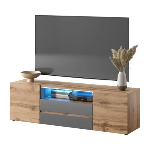 Moderne Medienkonsole TV-Lowboard mit LED-Beleuchtung - Stylisches TV-Lowboard aus MDF/Spanplatte in Braun, 140 cm lang, mit 4 Türen und 1 Regal. Ideal für das Wohnzimmer, bietet Platz und eine stimmungsvolle LED-Beleuchtung.