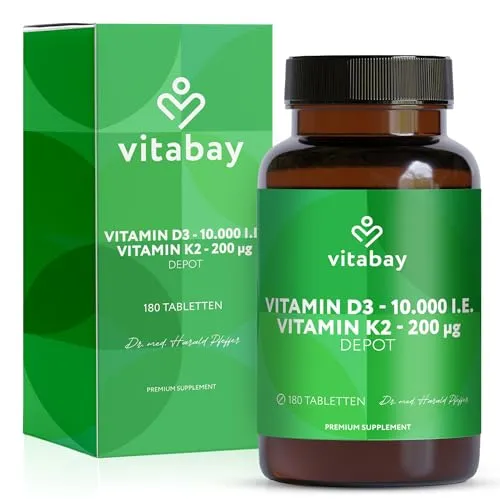 Vitamin D3 Depot 10.000 I.E. + K2 200 µg Tabletten - Arzneimittel mit hochdosiertem Vitamin D3 und K2, unterstützt die Knochen- und Muskelfunktion sowie das Immunsystem. Nur alle 10 Tage eine Tablette für optimale Gesundheit!