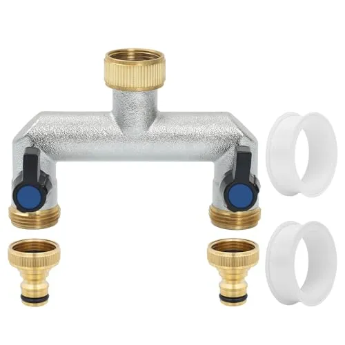 Votoko 2-Wege Wasserhahn Wasserverteiler, 3/4 Zoll Messing Wasseranschluss Verteiler, Schlauchverteiler 2fach mit 2 Individuellem Kugelhahn und 2 Adapter 1/2 zoll, für Gartenschläuche, Geräte