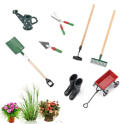 Miniatur Puppenhaus Set 8 Stück,Mini-Puppenhaus-Set,Gartengeräte,Gummistiefel,Gießkanne,Spaten, Stößel, Rechen, Wagen, Wasserkocher, Schere, Schaufe,Mini-Ornament Garten Möbel