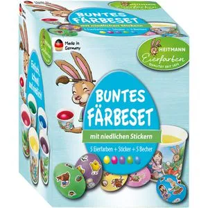 Heitmann-Eierfarben Eierfarben Buntes Färbeset, 5 Flüssig-Farben, mit Stickern und Bechern