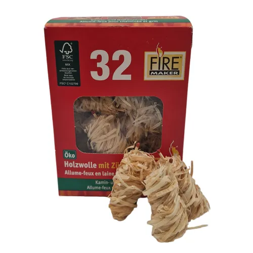 Holzwolle mit Zündkopf 32x, Kaminanzünder, Anzündwolle, Grillanzünder 153