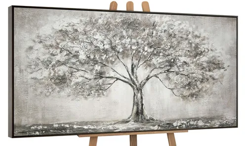 YS-Art Gemälde Lebensbaum, Landschaft, Leinwand Bild Handgemalt Grau Lebensbaum Natur Familie