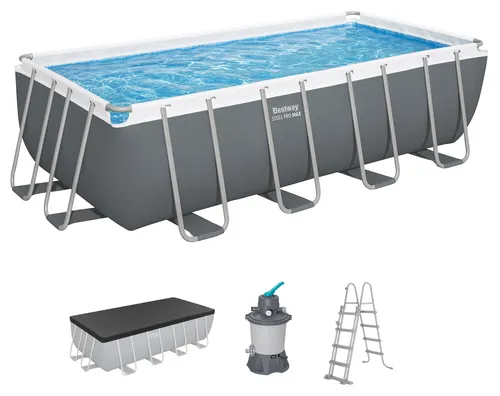 Bestway Framepool Steel Pro MAXTM Set mit Sandfilteranlage - Inklusive Sicherheitsleiter und Abdeckplane, ideal für den Sommer. Robuste Konstruktion und einfache Montage für ein erfrischendes Badevergnügen im eigenen Garten.
