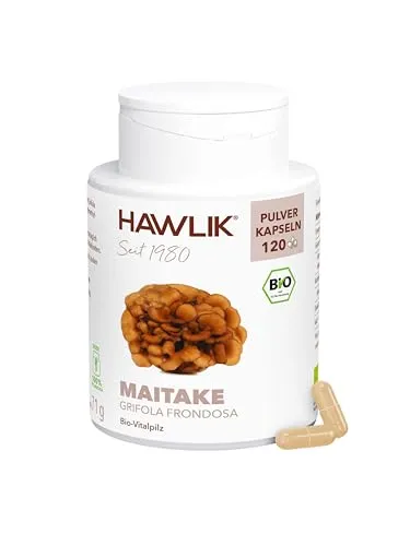 HAWLIK Vitalpilze Bio Maitake Pulver Kapseln - 120 Kapseln - Natürlicher Anbau - Schonende Trocknung - Vegan - Zuckerrohr-Dose