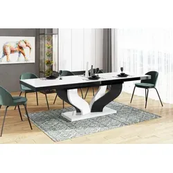 Design Esstisch HEB-222 Hochglanz ausziehbar - Esszimmertisch in elegantem Weiß und Schwarz, ausziehbar von 160 bis 256 cm, ideal für vielseitige Wohnstile und platzsparend mit versteckten Verlängerungsplatten.