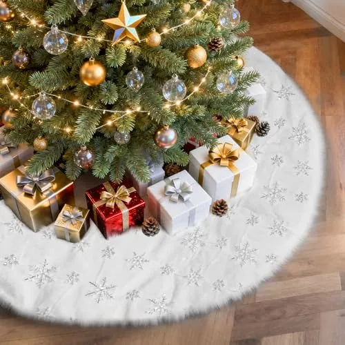 Weihnachtsbaumdecke 90 cm,Weihnachtsbaum Rock,Weihnachtsbaumdecke Rund Weiß mit Schneeflockenmuster,Tannenbaum Decke mit Schneeflocke für Frohe Weihnachten Party Decke Rock Dekorationen(35,4Zoll)