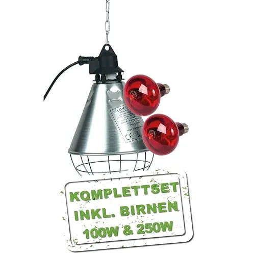 MeineHennen Wärmelampen Set für Geflügelküken, Infrarot-Rotlicht Wärmelampe mit 100 W und 250 W, Produktart Tier-Wärmelampe, für Hühner, Schutzkorb mit Keramikfassung E27, IPX4, Schalter 50/100%