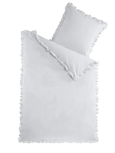 Dreamhome Renforcé Baumwolle Bettwäsche Rüschen 135x200 Vintage Shabby chic Uni Farben mit Reißverschluß Kissenbezug 80x80, Farbe:Grau