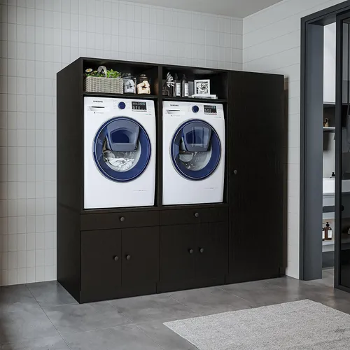 Roomart Schrankwand für Waschküche & Hauswirtschaftsraum, in 3 Farben, 194 cm breit, Mit Ausziehbrett - Weiß - Schwarz eiche