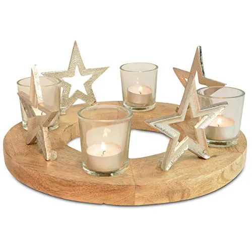 Adventskranz aus Holz mit Teelichtgläsern und Sternen - Teelichthalter aus Mangoholz, natürliche Eleganz für die Adventszeit, ideal für stimmungsvolle Dekoration und gemütliche Abende.