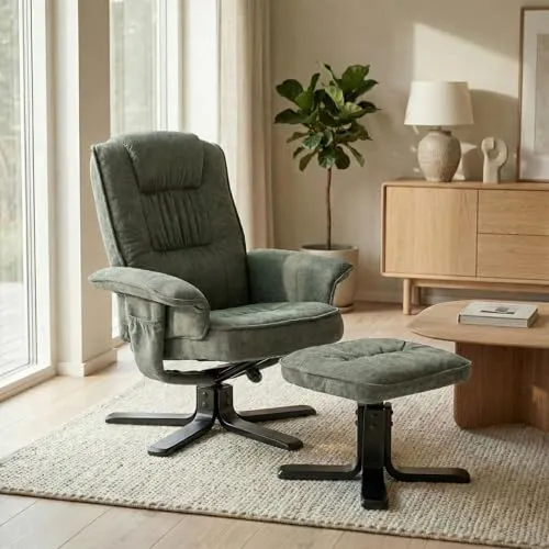 IDIMEX Relaxsessel CHARLY - Neigungsverstellbarer Fernsehsessel mit Hocker in Grün - Sessel mit Hocker, drehbar und neigungsverstellbar für maximalen Komfort. Elegantes Design mit praktischer Seitentasche für zusätzlichen Stauraum.