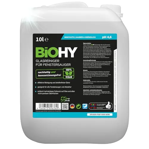 BiOHY Glasreiniger für Fenstersauger (10L) | Streifenfreier Fensterreiniger - Bio Reinigungsmittel für alle Fenstersauger, entfernt hartnäckige Verschmutzungen und sorgt für streifenfreien Glanz – umweltfreundlich und hautfreundlich.