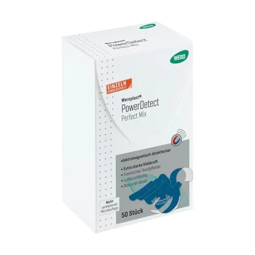 Wero Pflaster PowerDetect Perfect Mix - 50 detektierbare Strips - Pflasterset mit 50 elastischen und atmungsaktiven Strips in 5 Größen, ideal für den Lebensmittelbereich. Detektierbar durch Aluminiumstreifen, schützt Wunden effektiv.