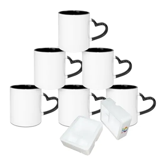 MR.R Sublimationsbecher aus Keramik für Spülmaschinen, klassischer Becher mit schwarzem Innenbecher und Herzgriff, 11 Unzen, Set mit 6 Stück pro Karton