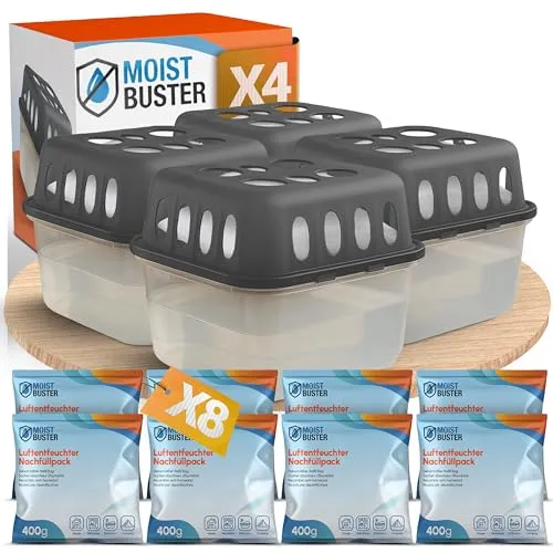 MoistBuster® 4x Luftentfeuchter ohne Strom + 8x 400g Luftenfeuchter Nachfüllpack - Raumentfeuchter bis 40m² für Keller, Bad uvm. - Entfeuchter und Luftentfeuchter Granulat im Set - Schutz vor Schimmel