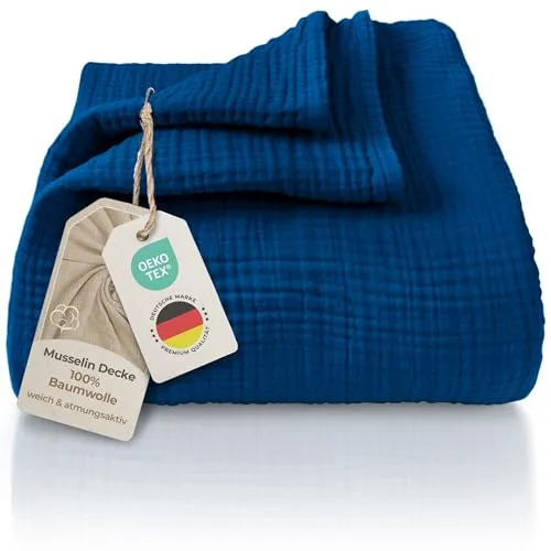 Laynenburg Tagesdecke Musselin aus 100% Baumwolle – Blau 220x240 cm - Bettdecken in stilvollem Design, weich und atmungsaktiv, perfekt als Sommerdecke oder Couch-Überwurf für gemütliche Abende.