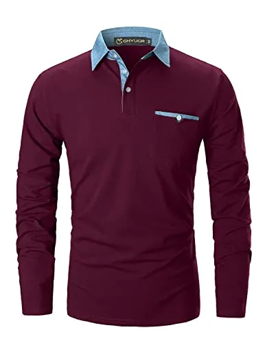 GHYUGR Poloshirts Herren Basic Langarm Baumwolle Polohemd Denim Nähen Golf T-Shirt S-XXL (L, Rot 1)